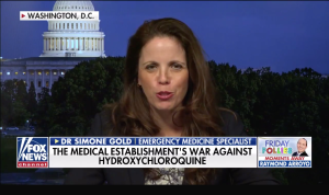 Image shows Simone Gold speaking on Fox News with a chyron under her that says "Medical establishment's war against hydroxychloroquine."