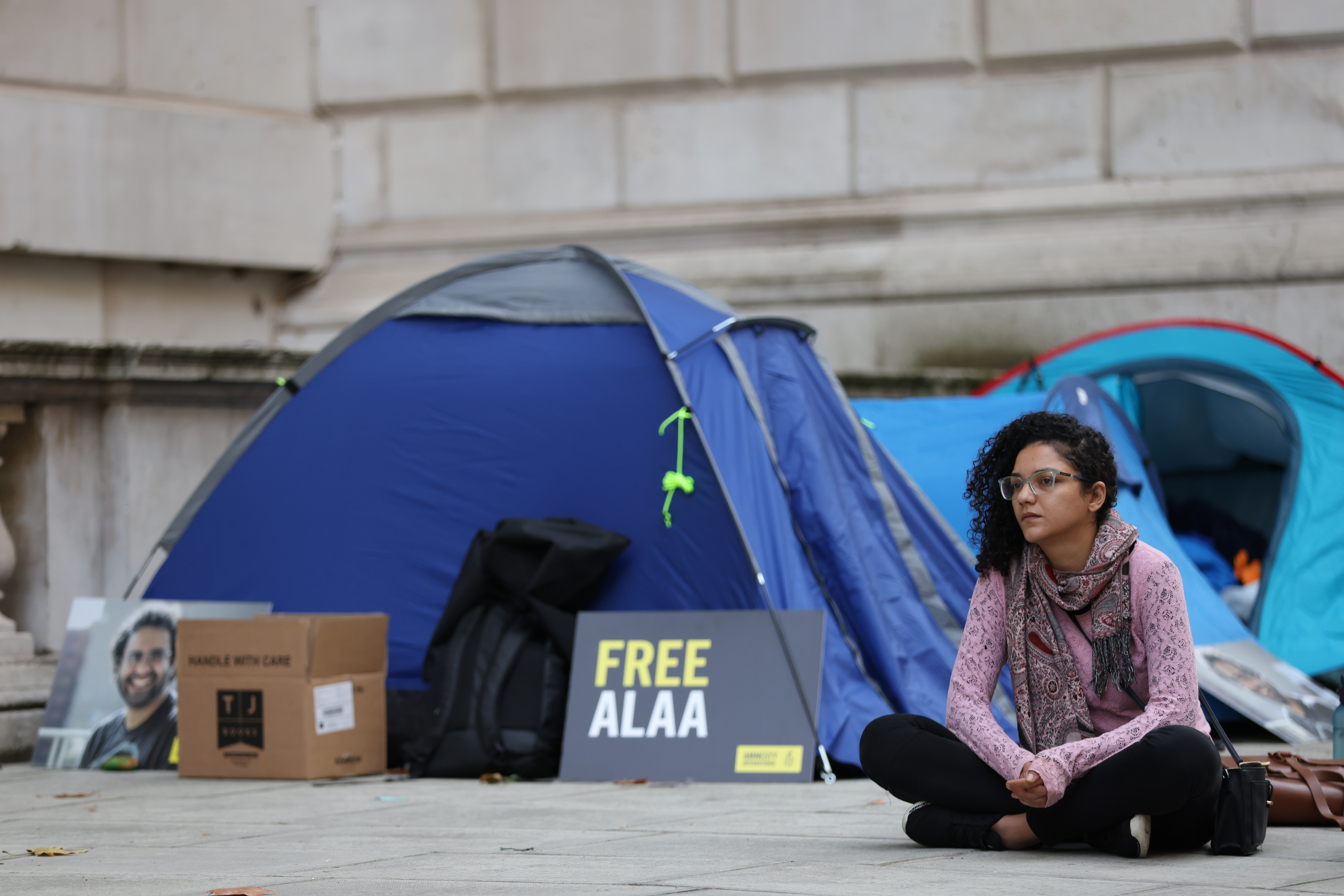 Sanaa Seif during her protest in London. Photo: Hollie Adams/Getty Images