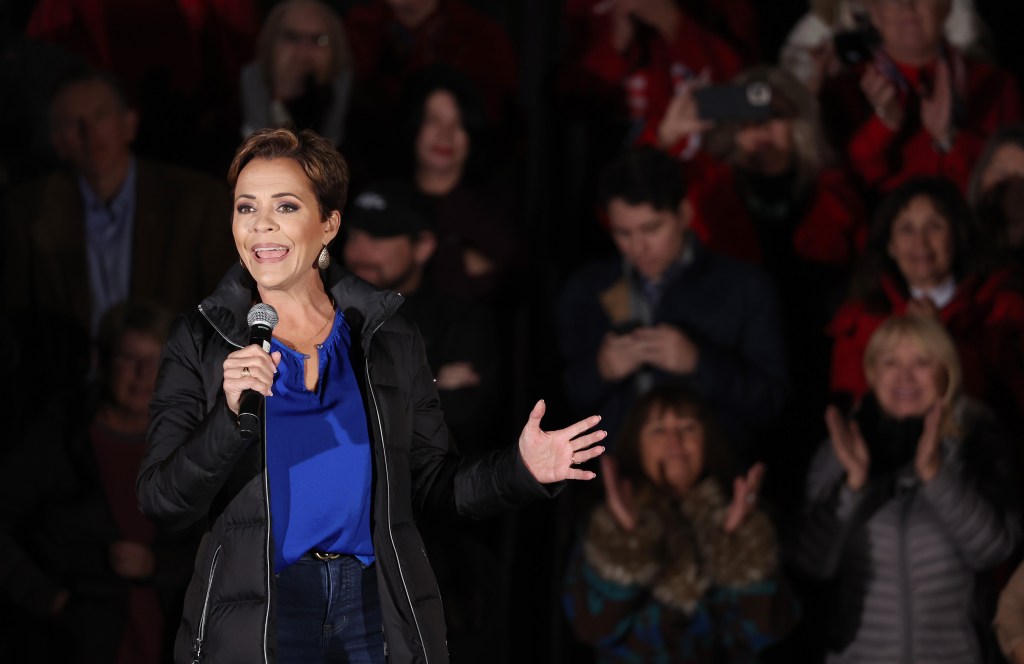 Arizona Republican gubernatorial candidate Kari Lake speaks during a get out the vote campaign rally on November 7, 2022 in Prescott, Arizona.