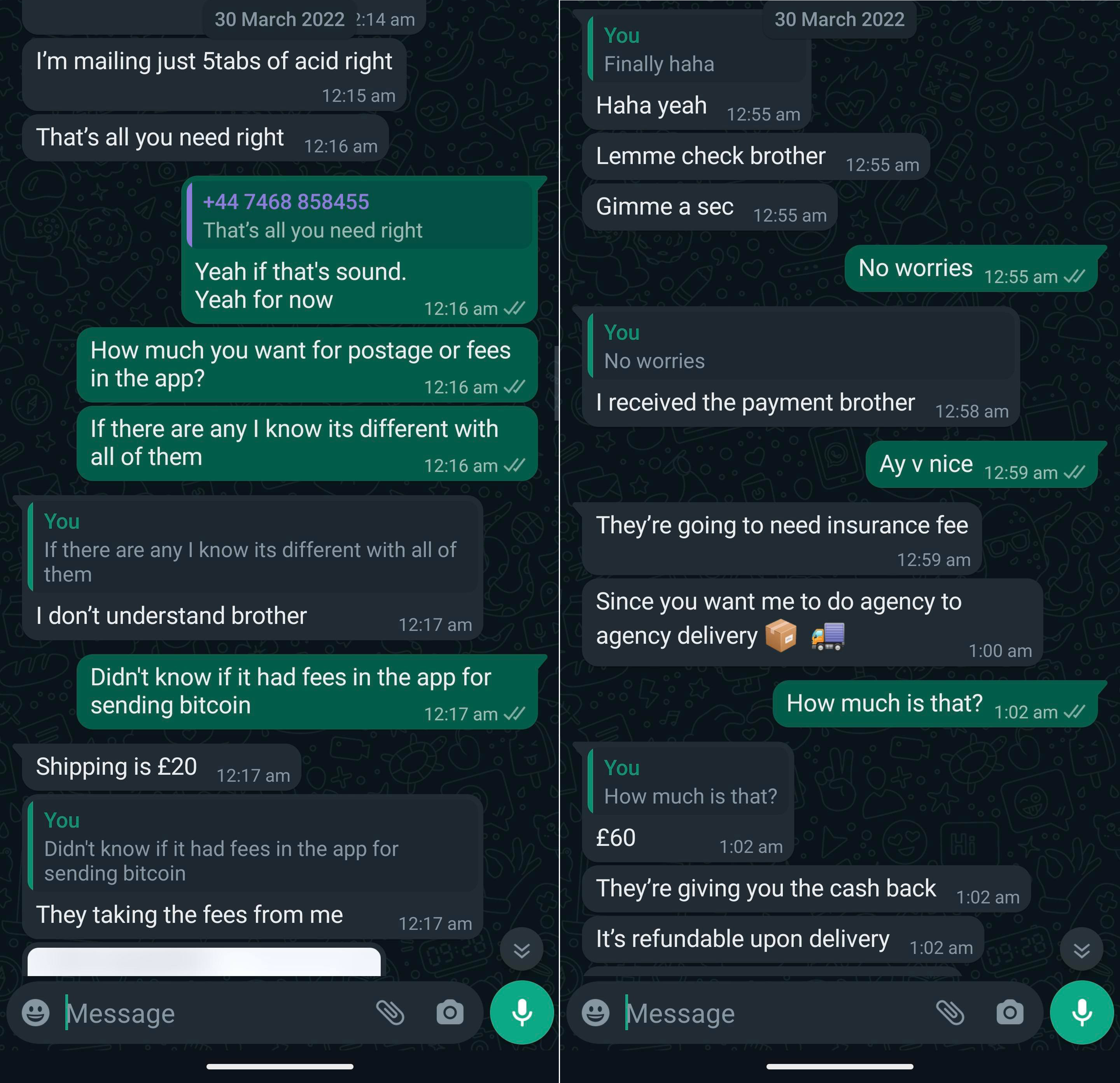 Screenshots between scam drug dealer and victim