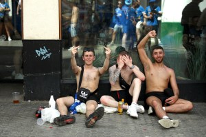 Football fans giving the finger before before the UEFA Europa League Final​ 2022