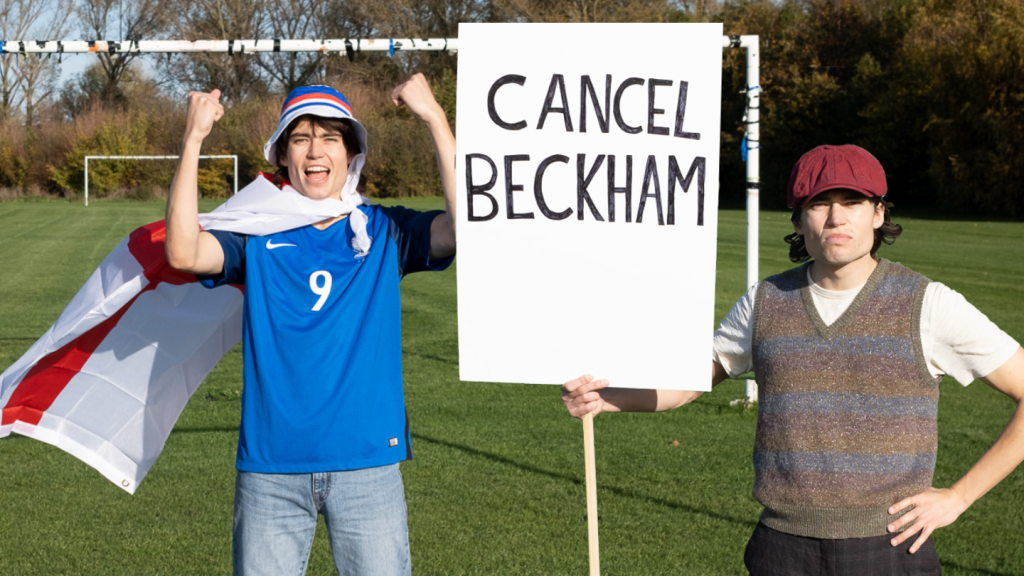 Author dressed as two football fan steroety