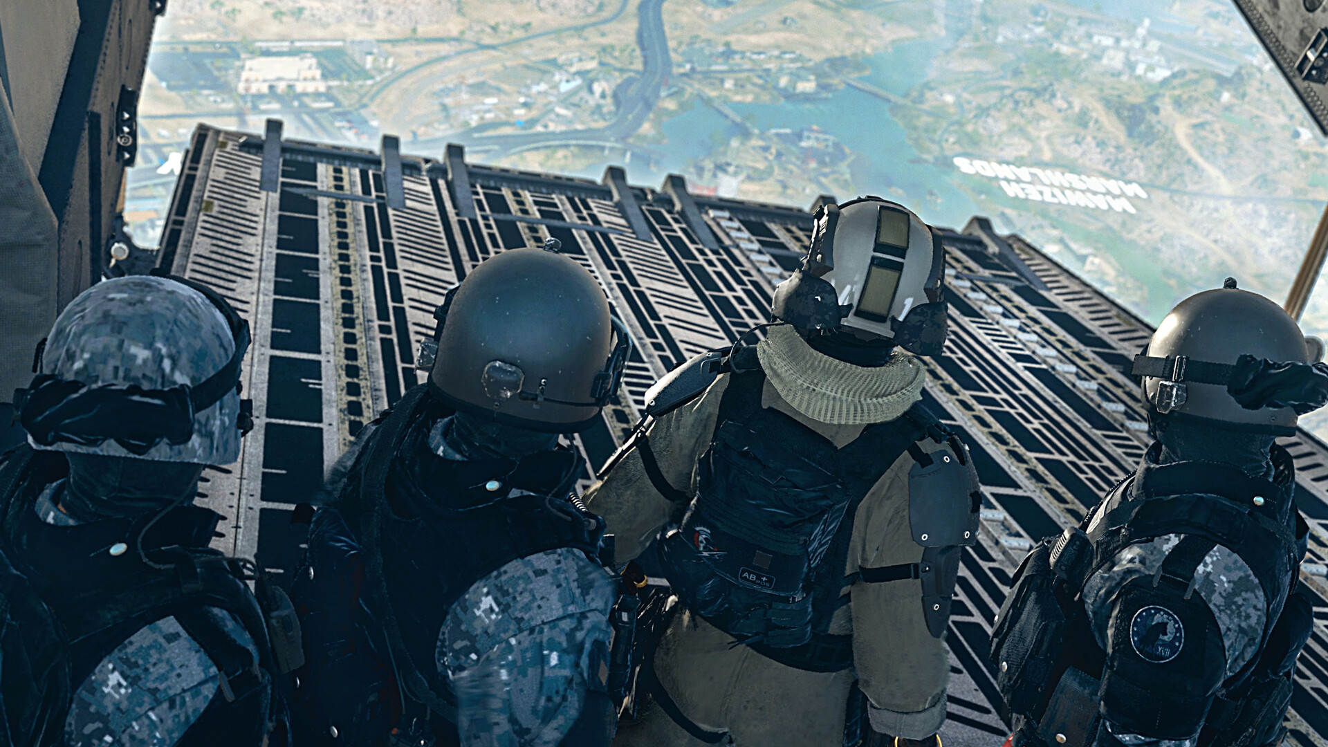 Four operators stand at the edge of a plane preparing to jump onto the Warzone 2.0 map.