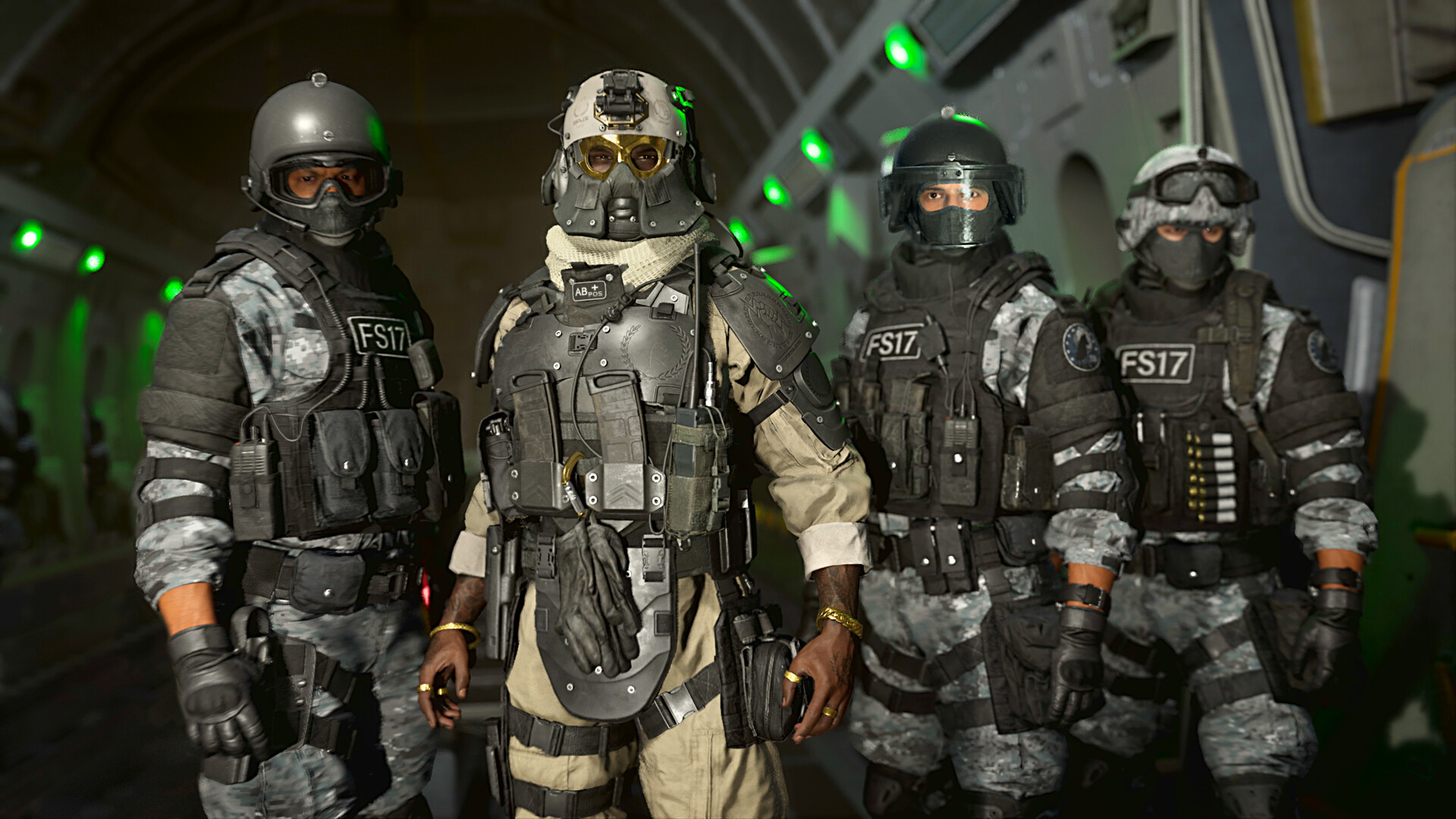 A screenshot of Call of Duty: Warzone 2.0 depicting four masked characters facing the camera at the edge of a plane.