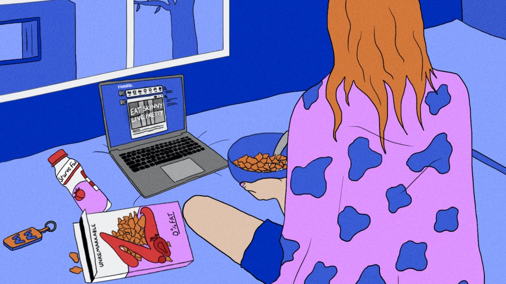 A person at their laptop eating cereal, illustration by Helen Frost