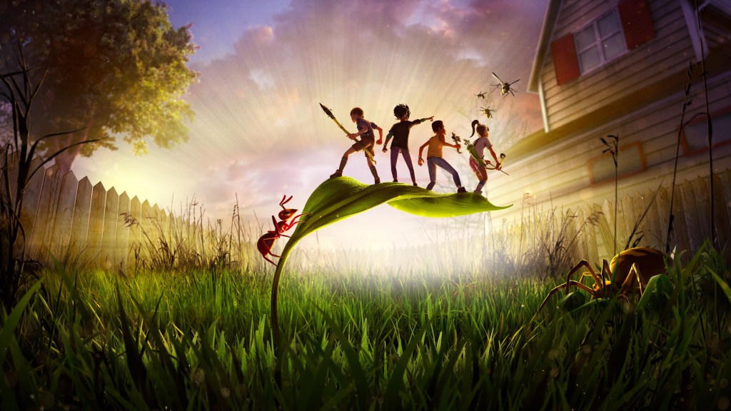 Artwork from Grounded. Four shrunken kids stand on a leaf as an and climbs the stem of the leaf in a