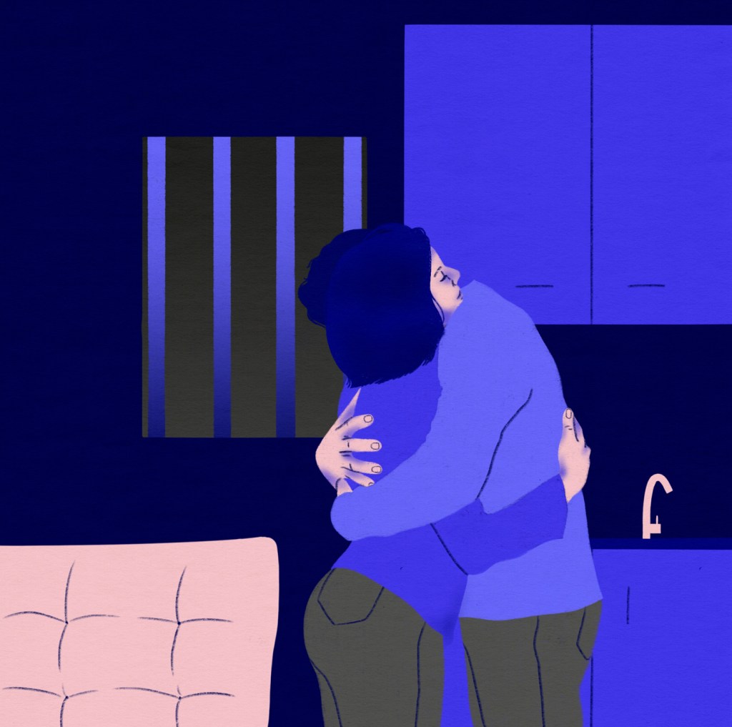 Ilustration of two people hugging tightly in a small room with bars on the window in tones of blue, purple and pink.