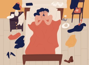 Illustration of a heterosexual couple cuddling naked in bed with clothes all over the room.