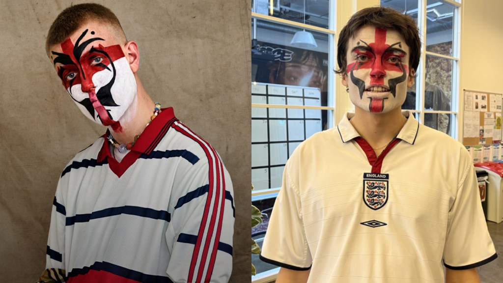 Two men wearing dazzle face makeup in England colours