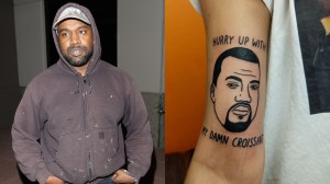 Kanye West in a hoodie next to a Ye tattoo