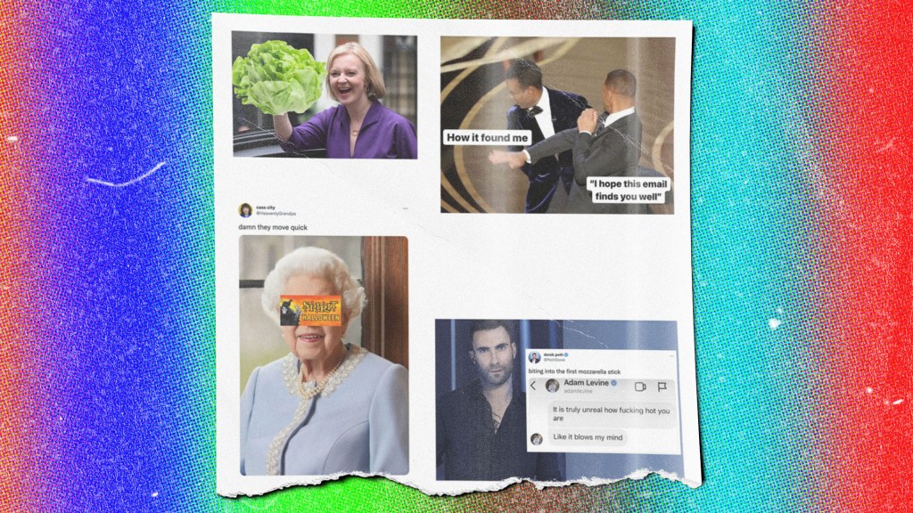 A collage of memes featuring the Queen, Liz Truss, Will Smith and Adam Levine on a multicoloured gradient background