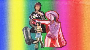 Machine Gun Kelly, Rina Sawayama, cowboy boots and a woman in a Y2K look with flares