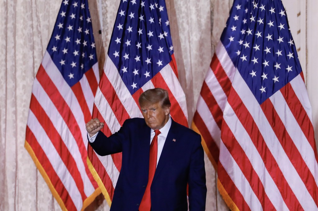 Former US President Donald Trump gestures after speaking at the Mar-a-Lago Club in Palm Beach, Florida, US, on Tuesday, Nov. 15, 2022.