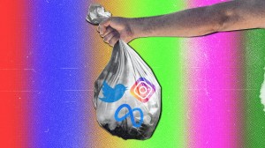 A bin bag containing social media logos Twitter, Instagram and Meta