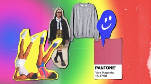 A collage of 2023 trends: Legwarmers, high school uniform, holey jumper, acid house and Viva Majenta