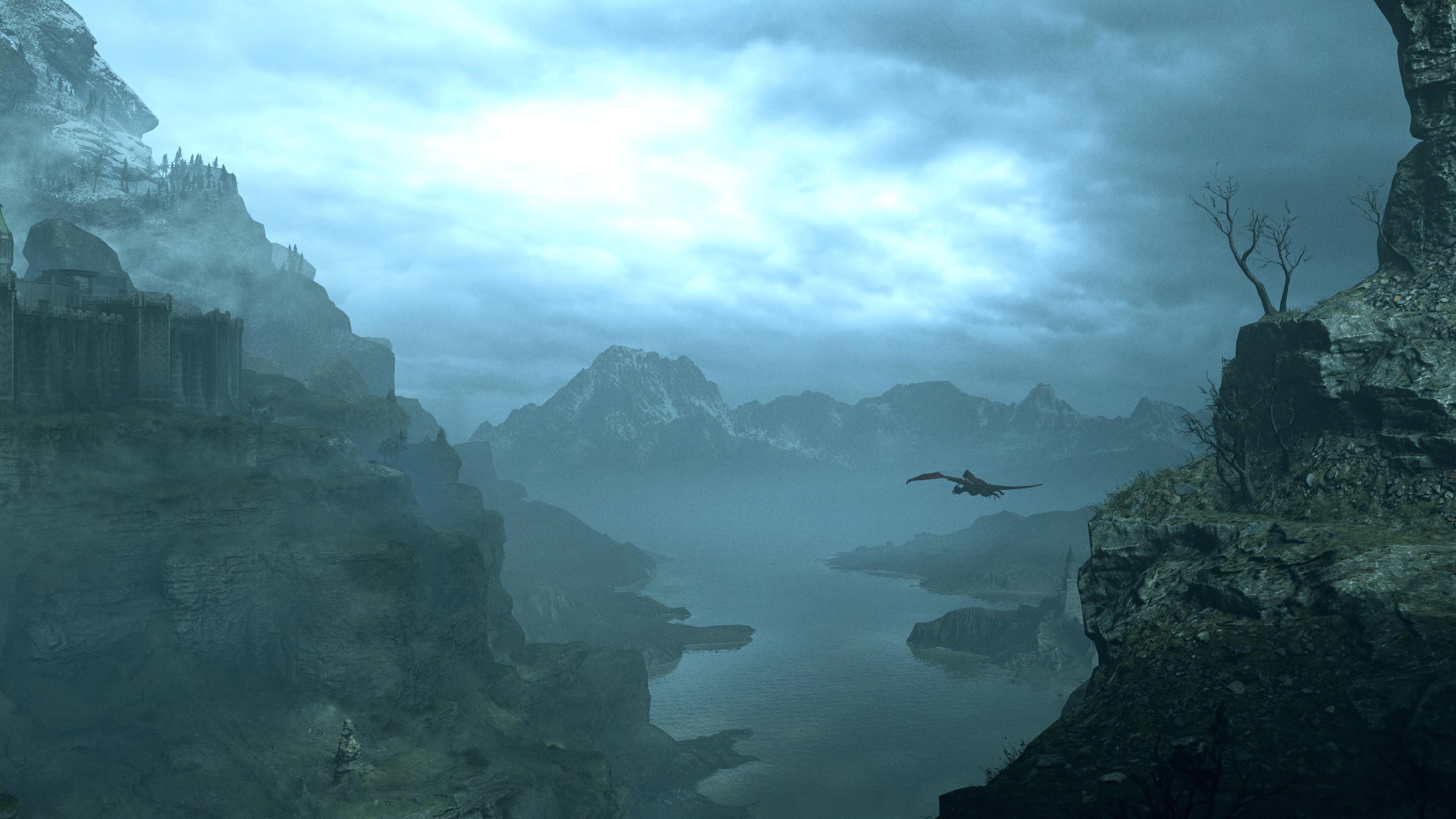 A dragon glides above a still lake in a desolate valley.