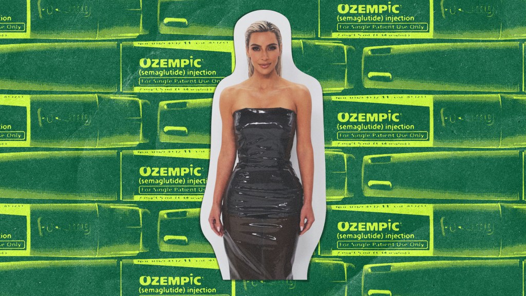 Kim Kardashian against a backdrop of Ozempic medication