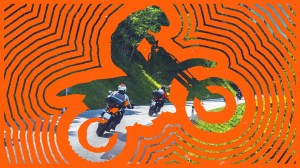 An orange outline of a sport motorcyclist overlayed on a photograph of two people motorcycling on a forested road