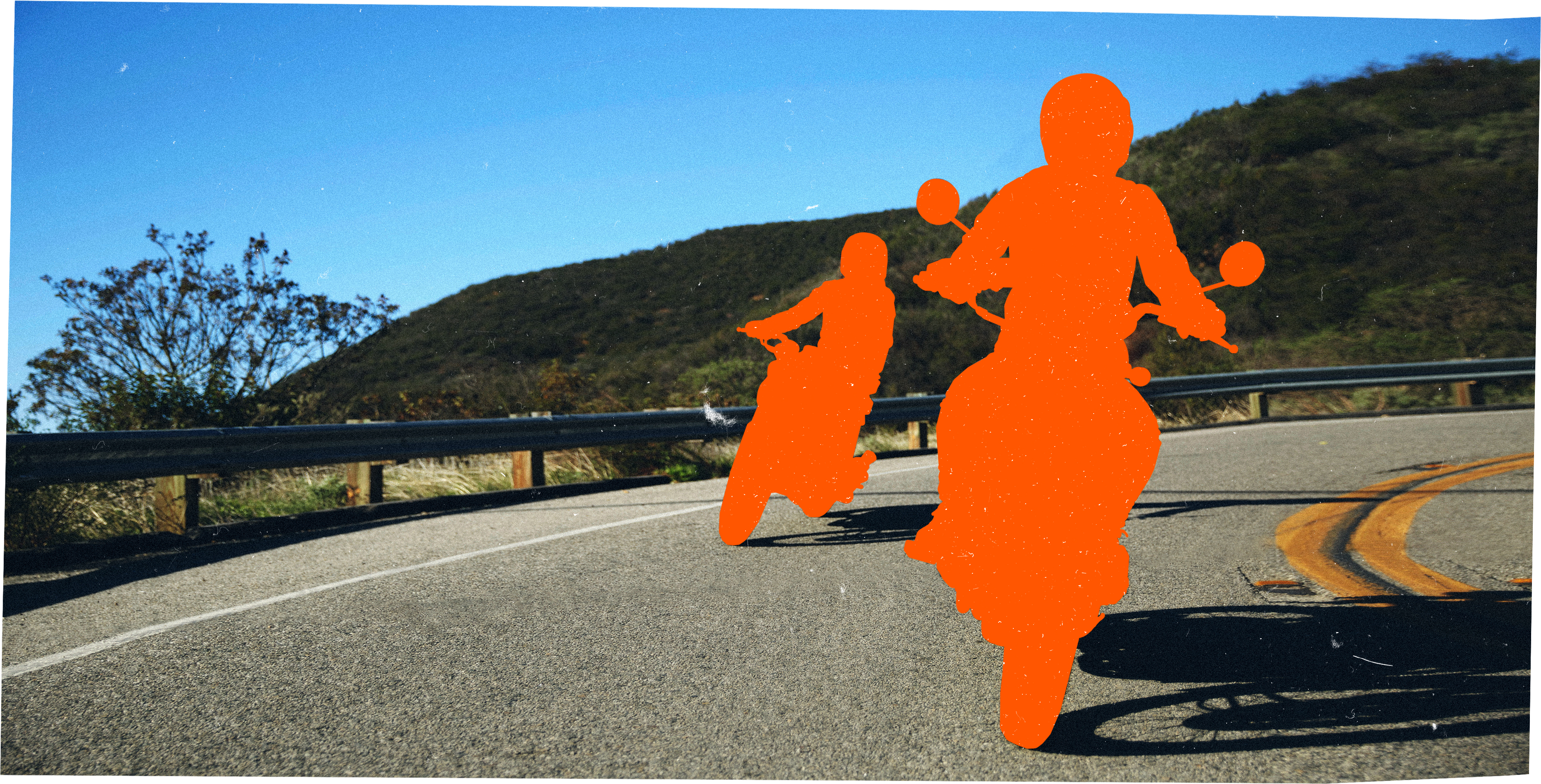 Collage of a photograph of two friends on motorcycles on a sunny highway. Their silhouettes are both filled in with bright orange