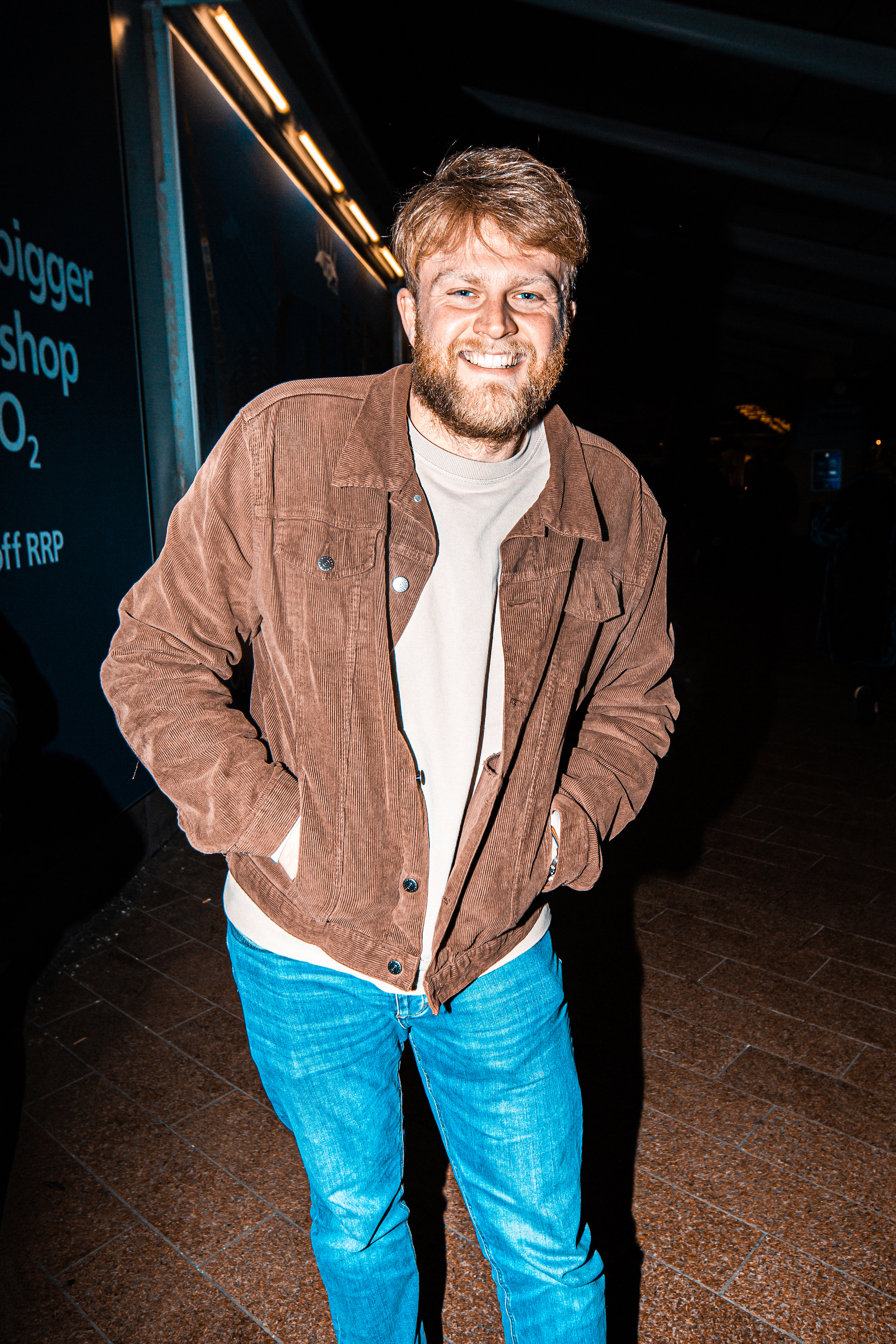 A Peter Kay fan outside his London O2 gig in a brown cord jacket