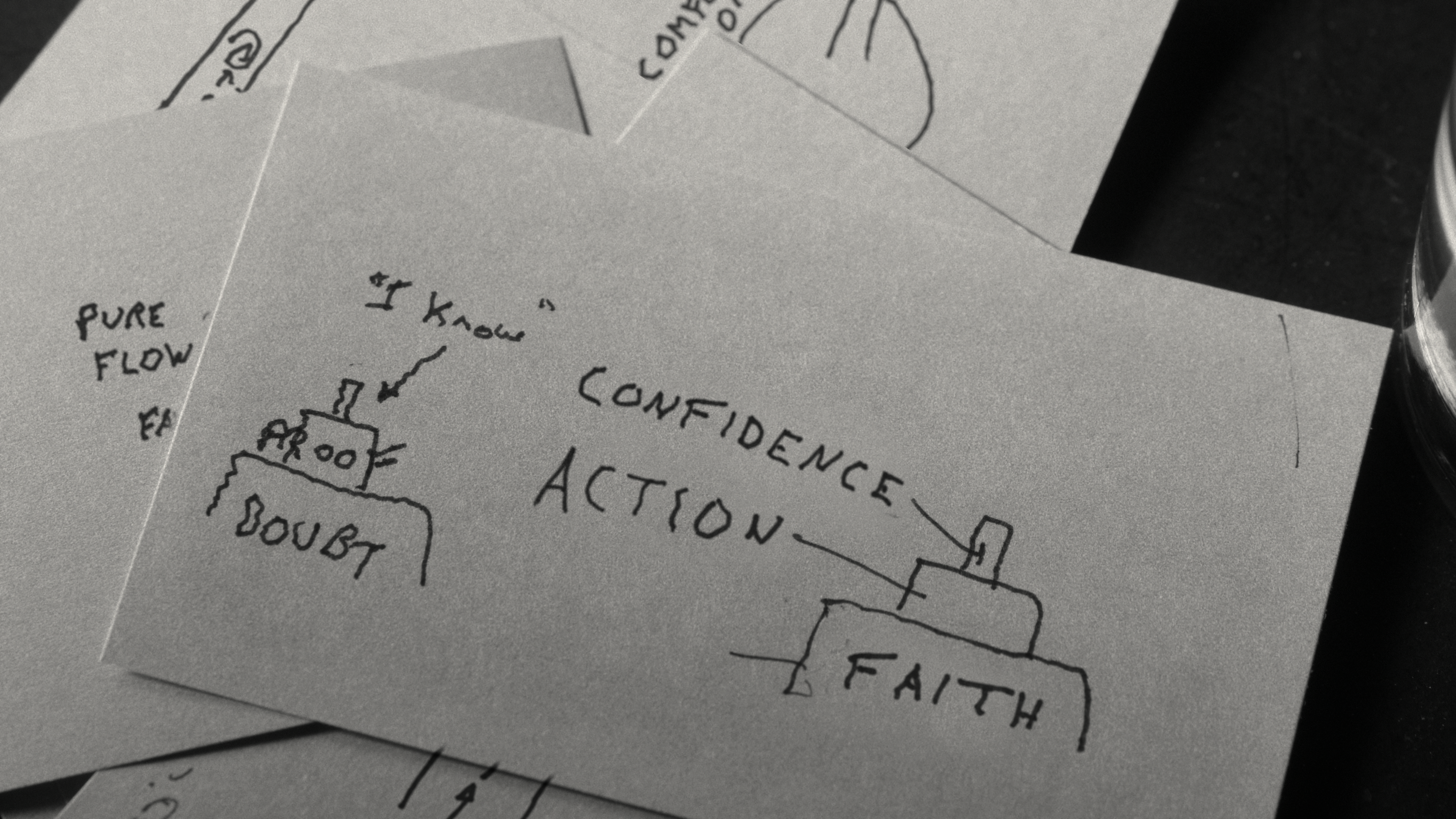 A black and white still of handwritten notes that Phil Stutz uses in therapy sessions, from the Netflix documentary Stutz. One features a diagram reading 'faith', 'action', 'confidence' in a pyramid.