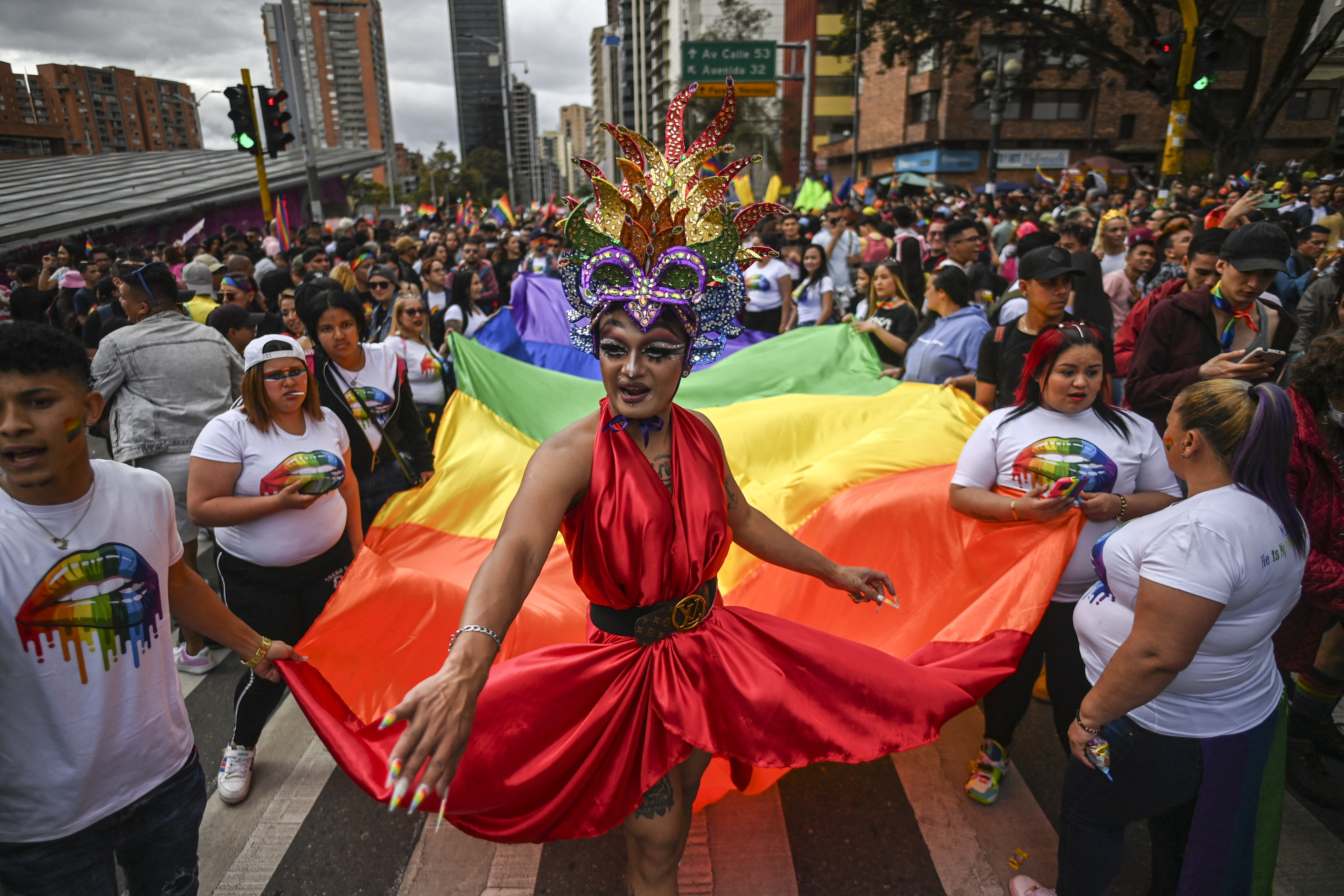 People march during the 23rd annual Pride Parade in Bogotá, Colombia, in July. Photo: JUAN BARRETO/AFP via Getty Images