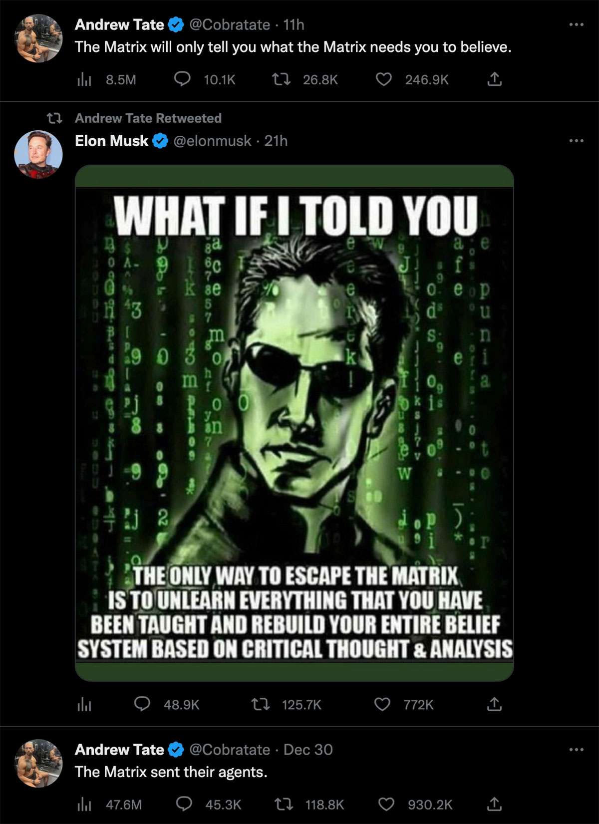 twitter conspiratie andrew tate elon musk matrix