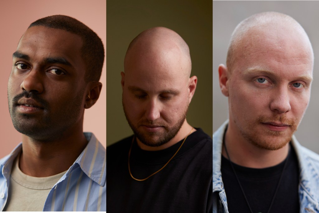 Portrait photos of three balding men facing the camera. Left: Vinoud Douglas, centre: Jeroen van Nieuwpoort, right: Rens Peters.