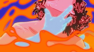 Illustration of a hand grabbing a woman’s neck. Background: organic orange shapes on electric purple.