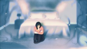 Illustration of a woman curling up on the ground at the foot of her untouched bed.