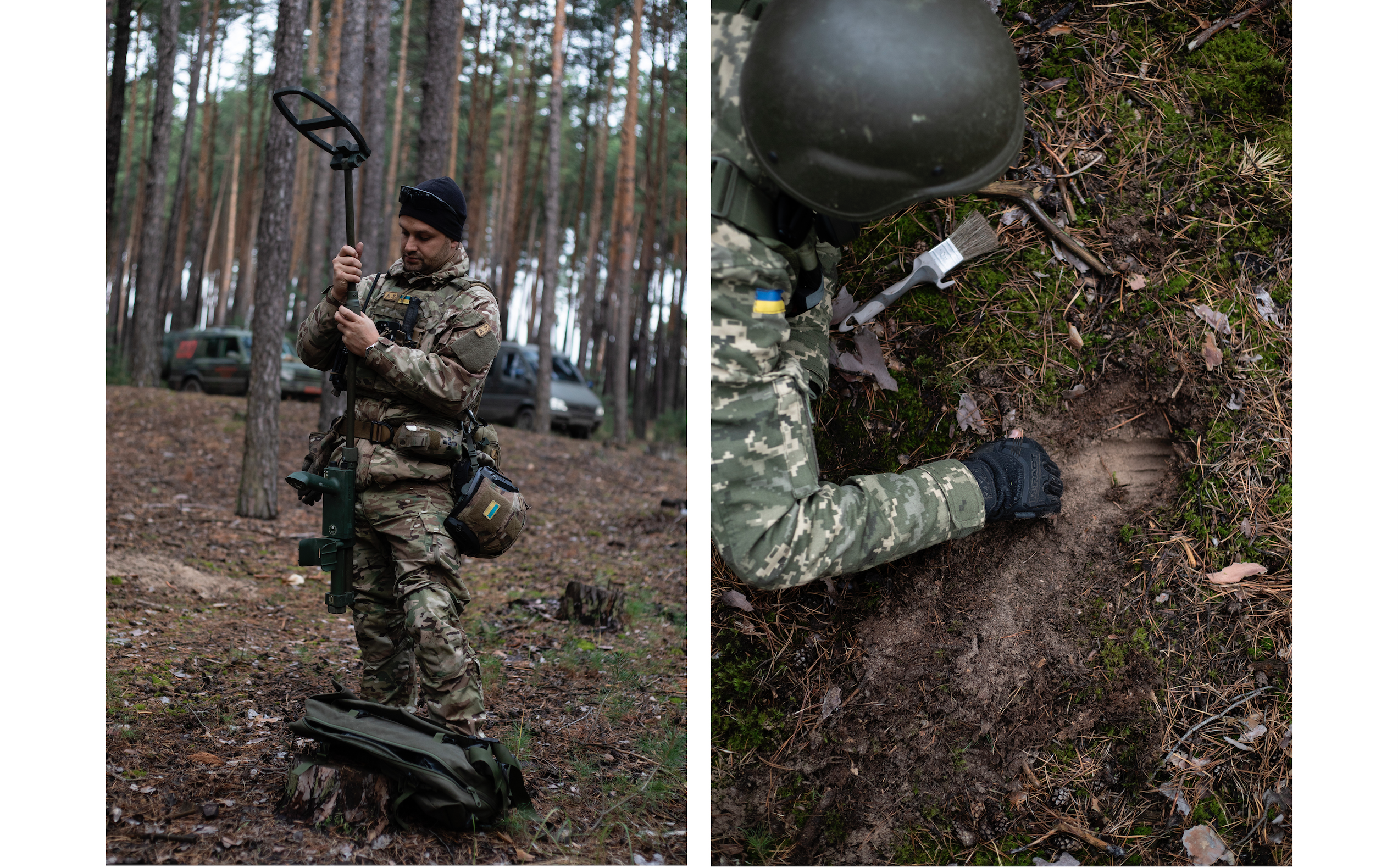 Jan Schneidereit, EOD diffusion team Ukraine – left: man in uniform assembling a metal detector in the woods. Right: Ukranian soldier digging up group with his hands and with a brush.