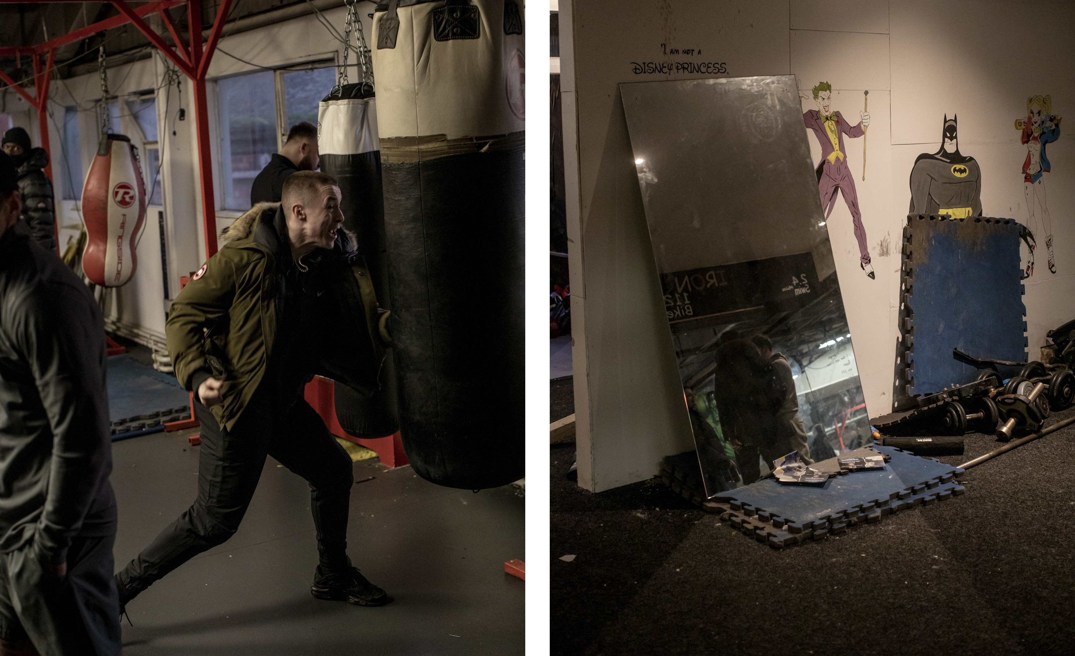 King of the Ring, Manchester: A young man hits a punching bag; a mirror reflects the inside of a boxing gym