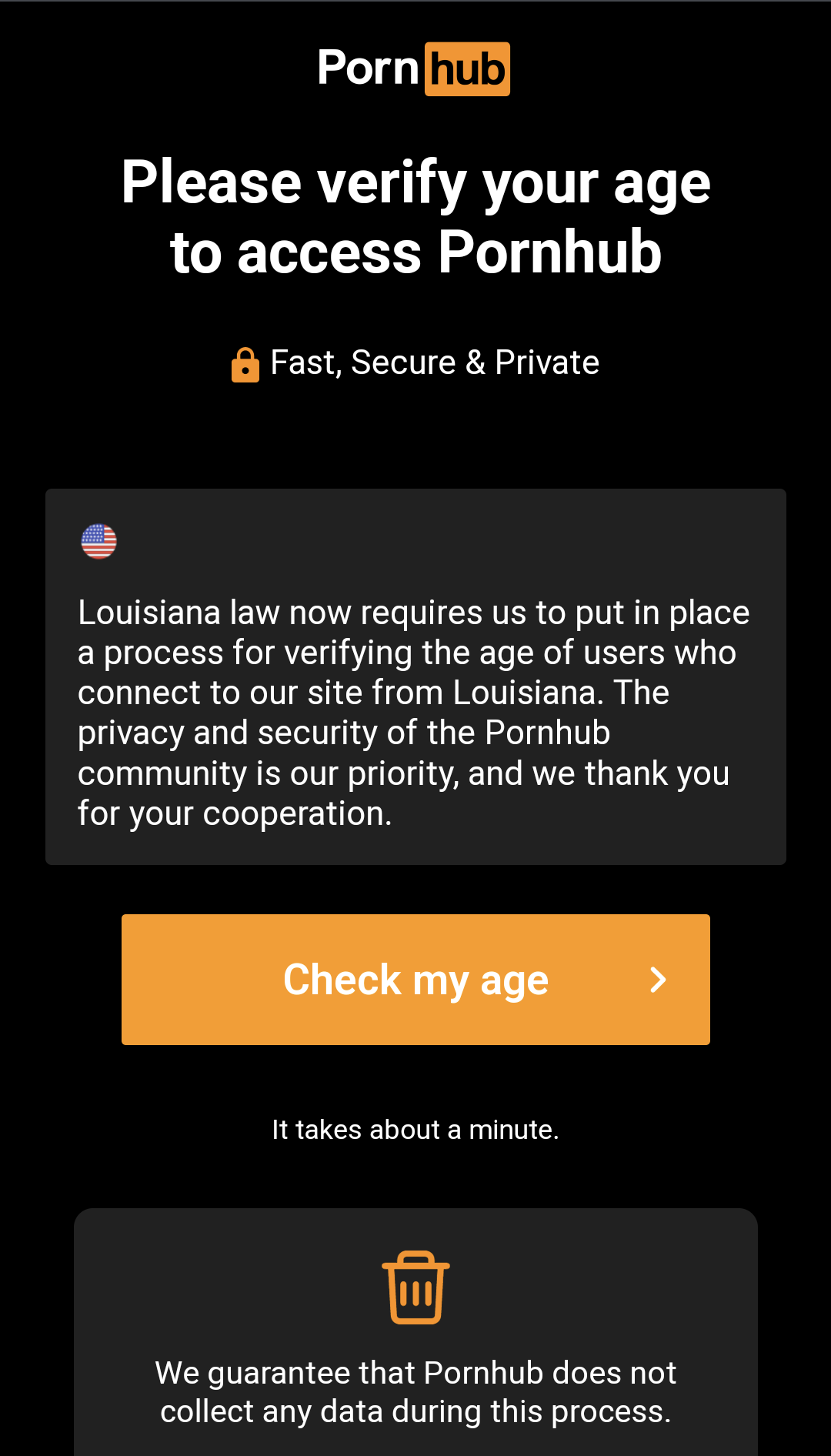 Screenshot of Pornhub's homepage from a Louisiana-based VPN