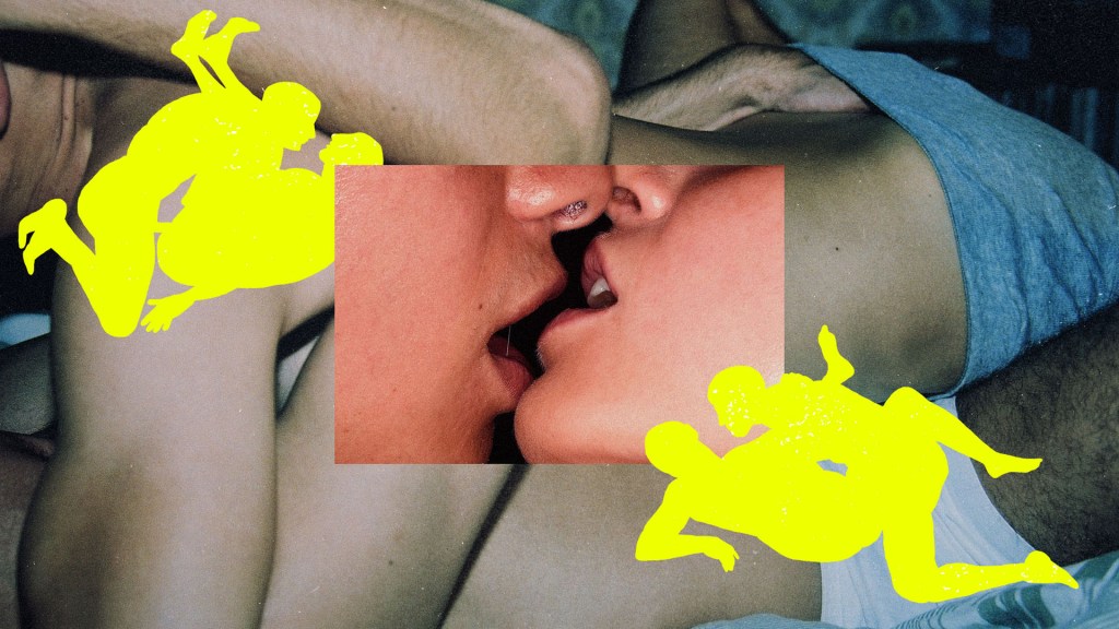 Collaged photos of two people kissing over a photo of two people in b