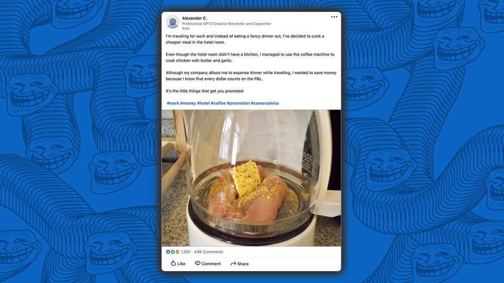 Screenshot van een viral linkedin post waarin rauwe kip in een hotel-koffiepot word gekookt om het bedrijf geld te besparen. De achtegrond is een herhalend patroon van de "U Mad Bro" meme.