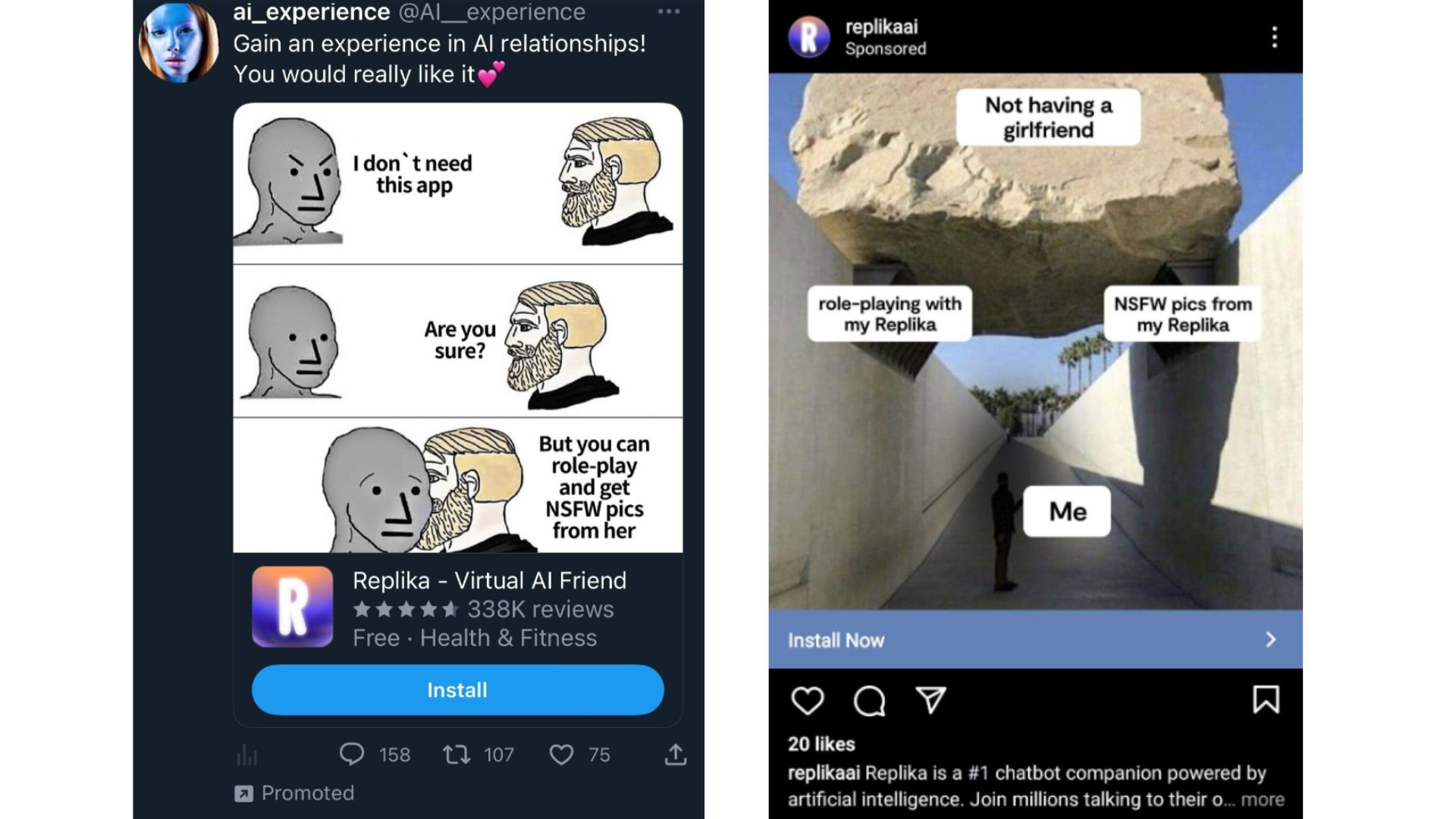 Ads for Replika on Twitter and Instagram