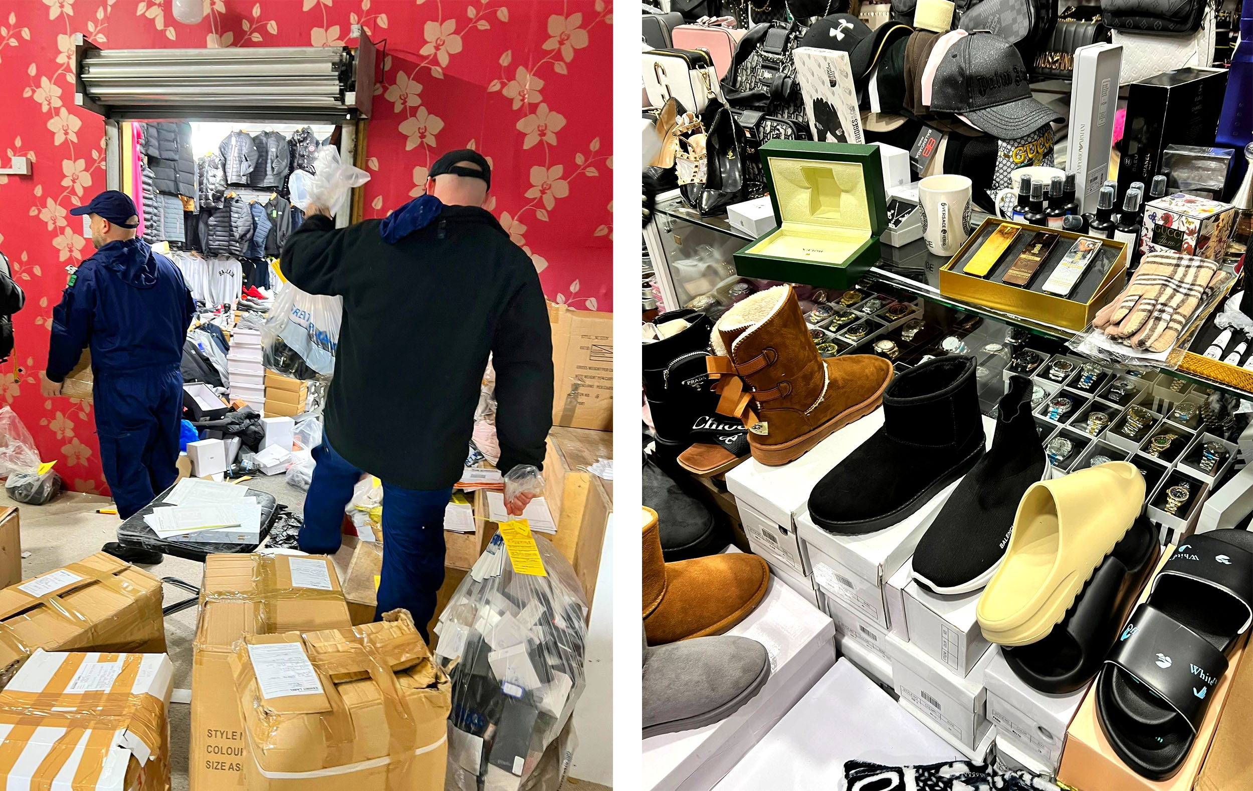 Officers in a shop unit on Bury New Road next to knockoff shoes.