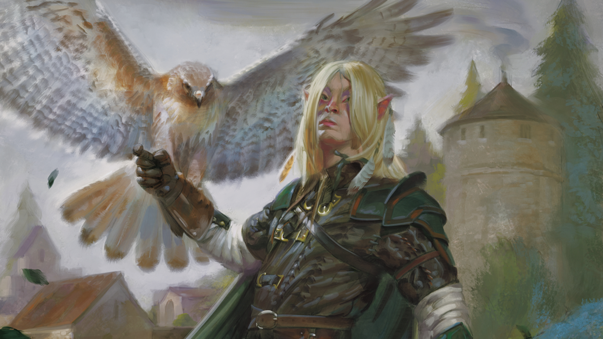 A blonde elf with a large, white falcon perching on his hand.