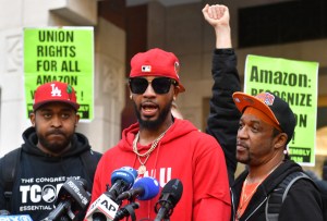 chris smalls, derrick palmer, and gerald bryson of the amazon labor union protest for organizing rights at jfk8