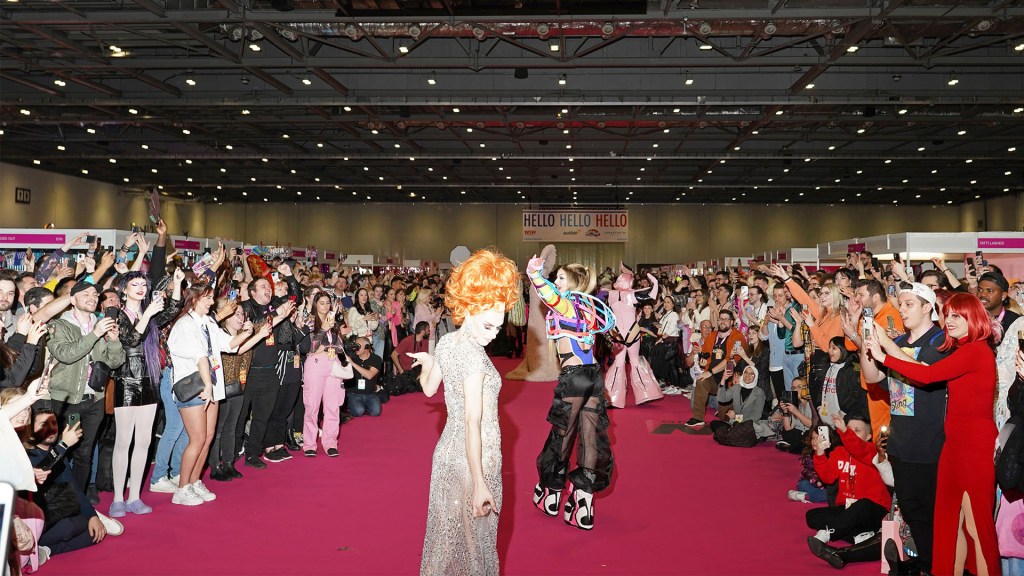 Drag queens Jasmine Kennedie, Lady Camden, and Rock M. Sakura, make their way down the events’ pink carpet