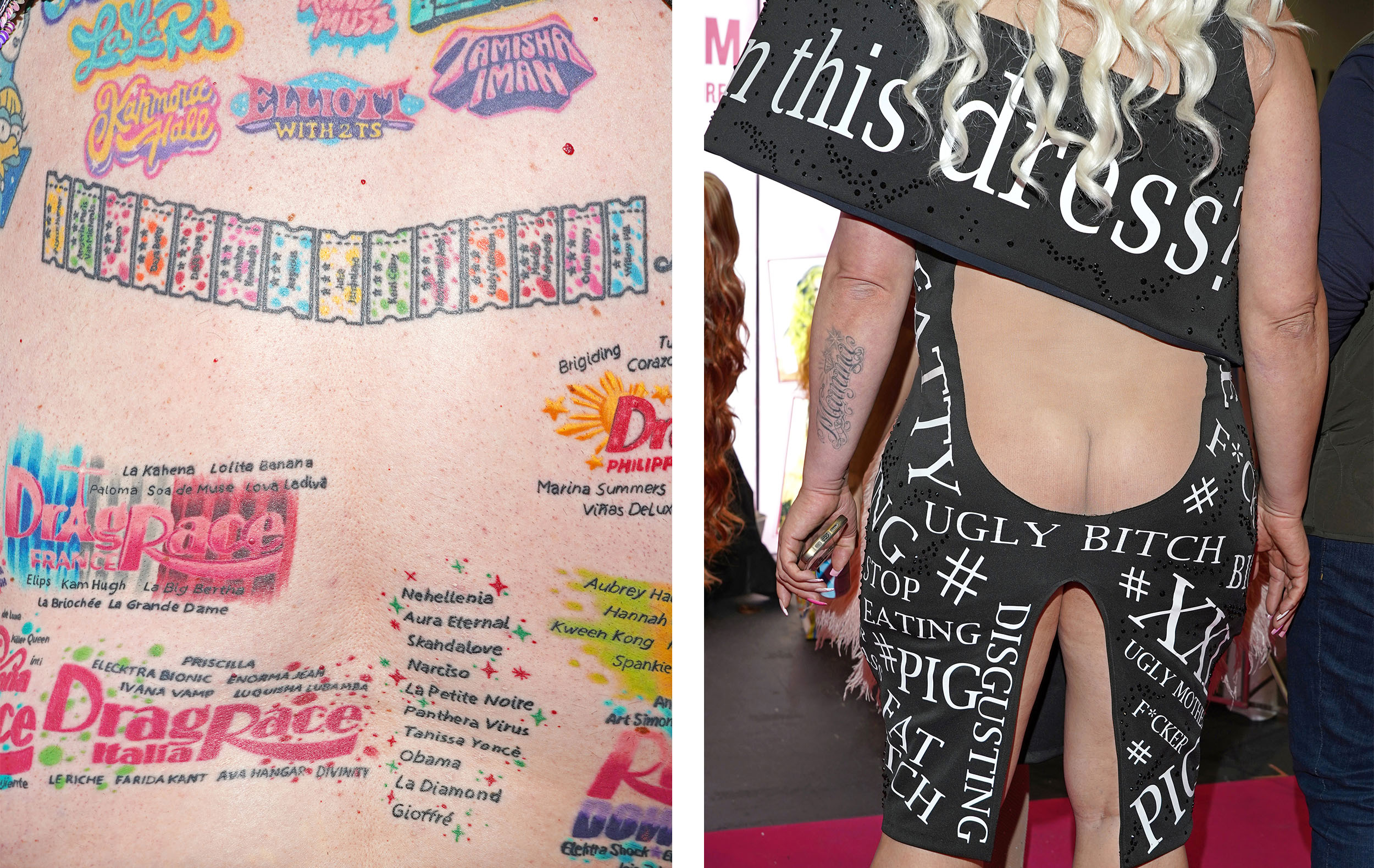 Left: Drag Race-related tattoos on the back of superfan James Robinson, who traveled from the US for the event. Right: Drag queen Tabitha, who appeared on Drag Race Holland, pictured from behind wearing an extremely low cut black dress covered in words like