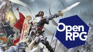 A paladin with a gleaming sword points her blade forward as arrows rain down from above. Beside her, there is a blue hexagon with the words "Open RPG" written within.