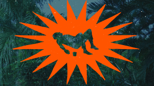 A cut-out silhouette of a person lying down next to a cup inside the shape of an orange starburst on top of a dark green and blue photo of jungle plants on an Ayahuasca Retreat