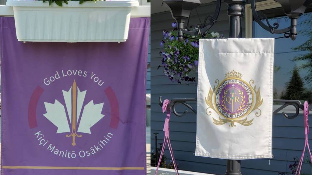 Images of the flags on the woman's home, seen in the QAnon Queen's Telegram page. ​