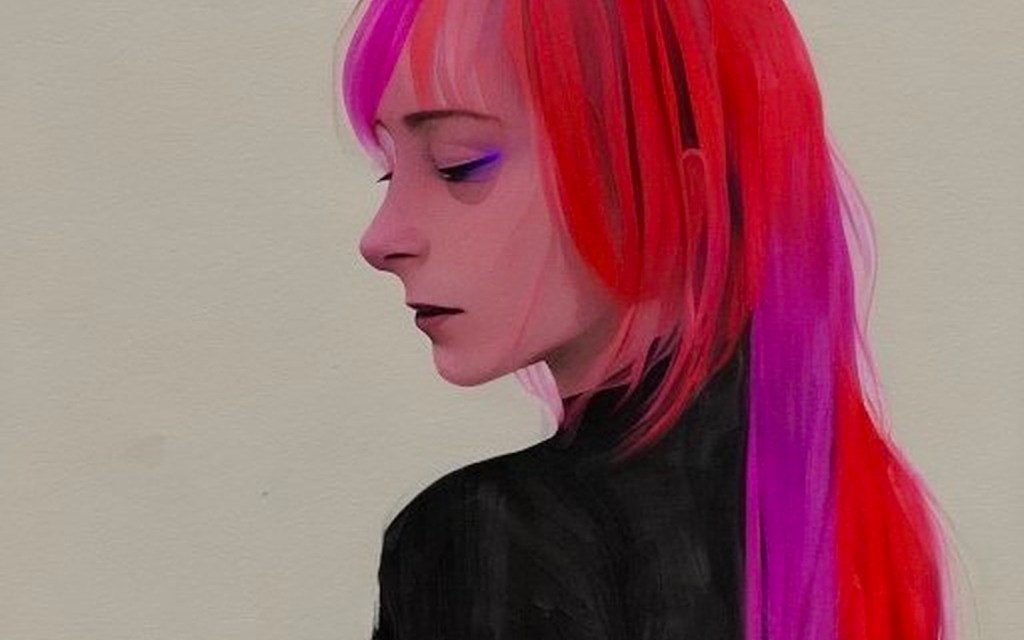 AI-generated image of a woman with pink and red hair wearing a black shirt