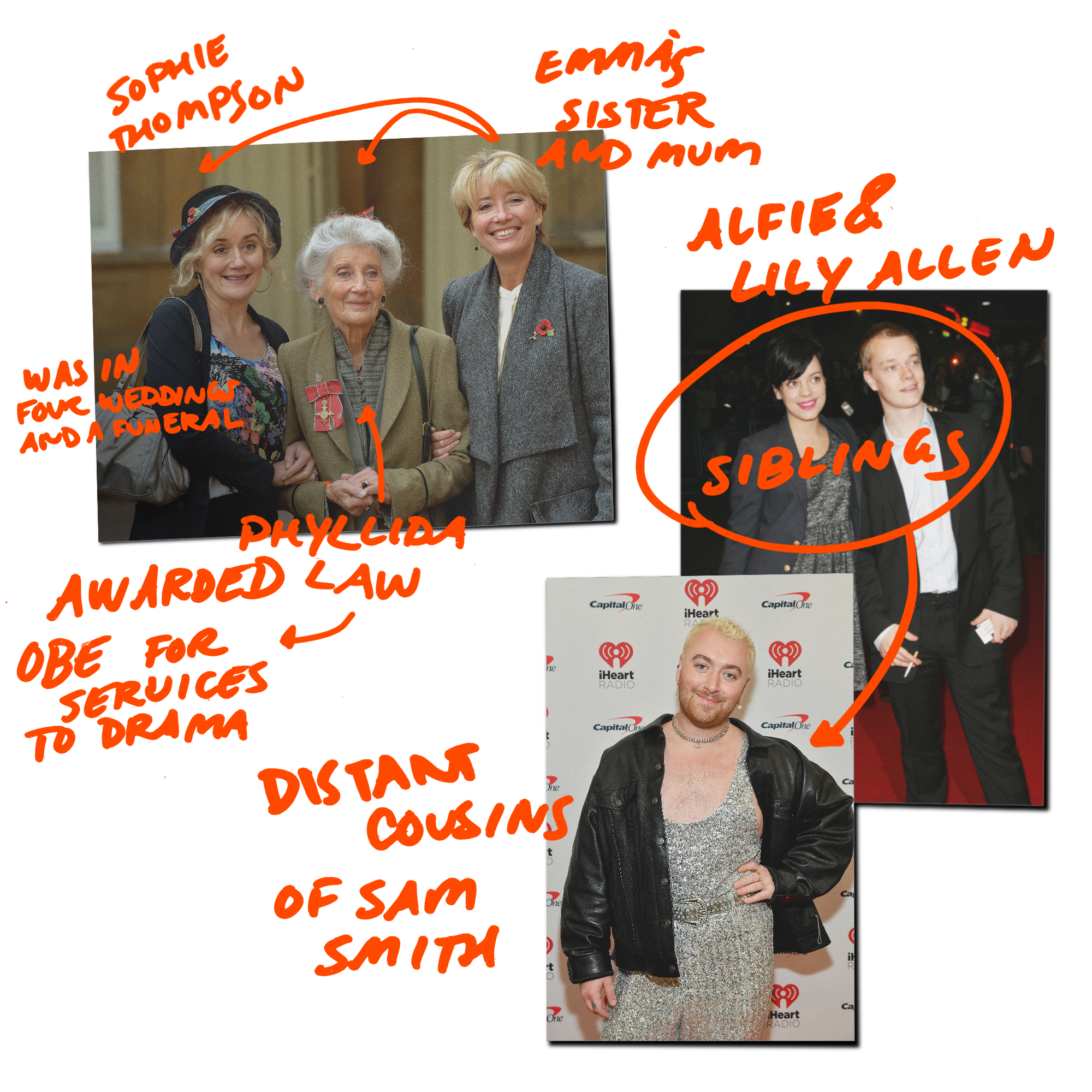 Siblings Emma and Sophie Thompson with mum Phyllida Law and siblings Alfie and Lily Allen with distant cousin Sam Smith