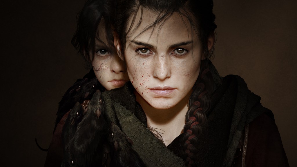 Key art from a Plague Tale: Requiem. The protagonist looks at the camera as her young brother loo