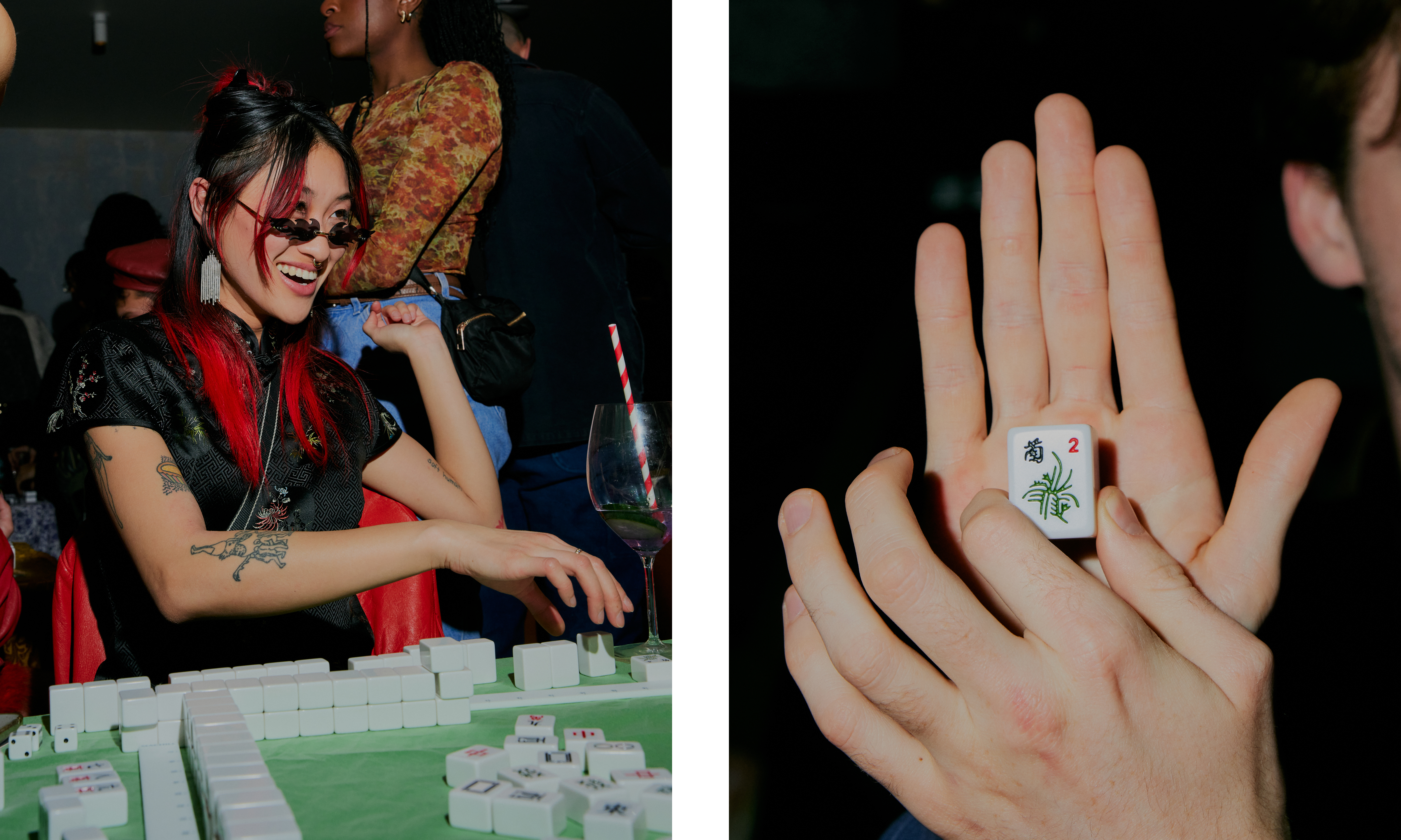 Left image shows a person smiling while playing mahjong, they're wearing a black qipao and sunglasses shaped like flames. The right image shows a person holding a mahjong tile in front of their open palm.