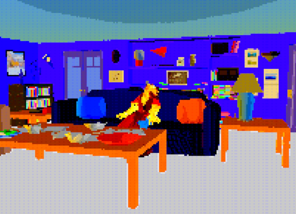 A screenshot of "Nothing, Forever" showing a pixelated person sitting on a sofa