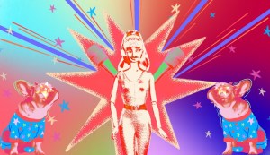 Illustration of a barbie and two French bulldogs looking at her, superimposed on two microphones and a star. Background: red, aqua, brow-green and purple.